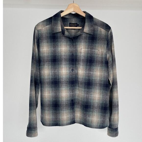 Pendleton Made in USA Wool Blue Plaid Button Up Mens Shirt Sz L Lodge One Pocket - Picture 1 of 12